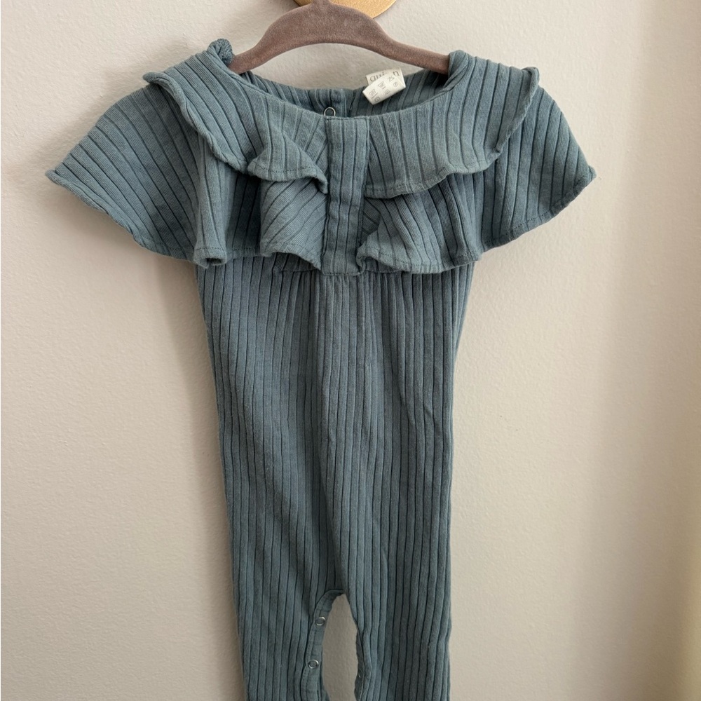 Kate Quinn ruffle Steele blue jumpsuit